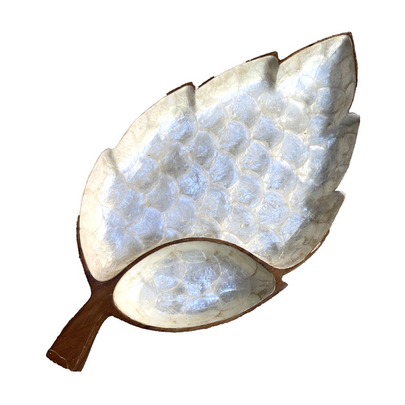 Vintage Wood Bowl Capiz Shell Lining Inlay Chip & Dip Leaf Shaped Beachy Decor - Picture 1 of 10
